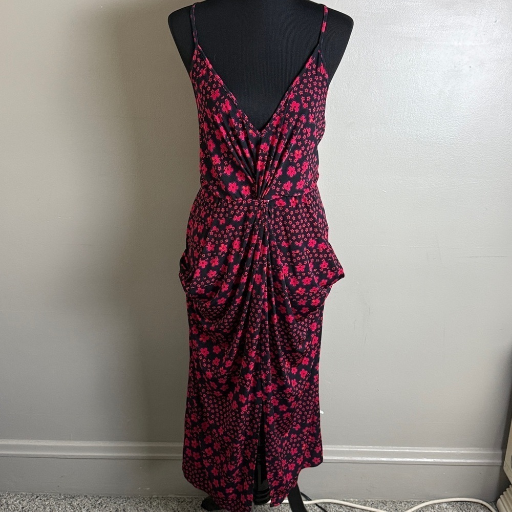 BCBGeneration Black Red Blue Floral Print Draped Picket Midi Dress V-Neck L NWT